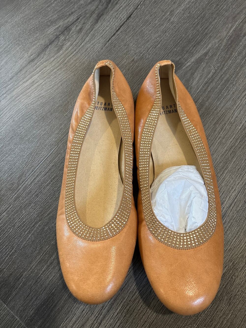 Stuart Weitzman Tan Leather Gold Embellished Ballet Flats Size 10
